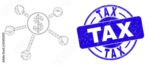 Web carcass dollar links icon and Tax stamp. Blue vector round grunge seal stamp with Tax text. Abstract carcass mesh polygonal model created from dollar links icon.