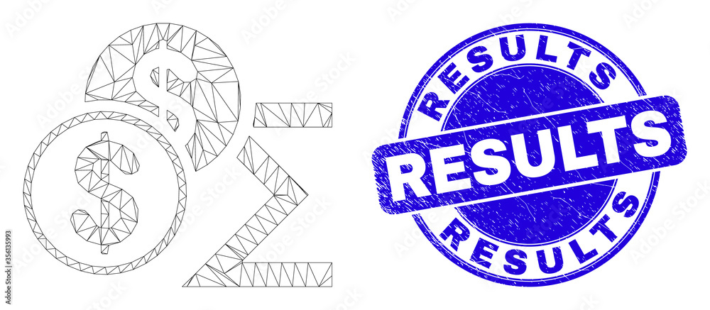 Web mesh dollar sum icon and Results stamp. Blue vector rounded scratched seal with Results message. Abstract carcass mesh polygonal model created from dollar sum icon. Web mesh dollar sum icon and Results stamp. Blue vector rounded scratched seal with Results message. Abstract carcass mesh polygonal model created from dollar sum icon.