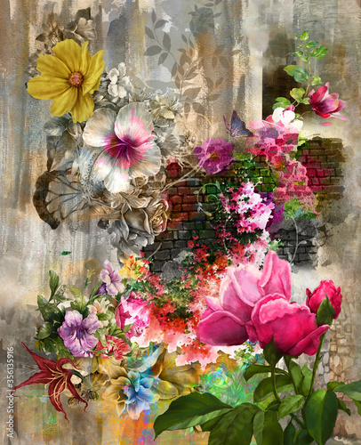 Abstract art colorful flowers  painting. Spring multicolored illustration.