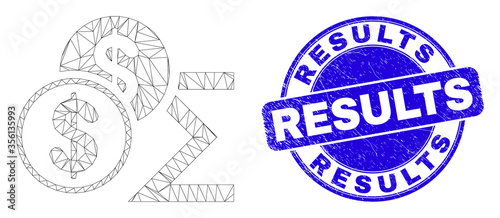 Web mesh dollar sum icon and Results stamp. Blue vector rounded scratched seal with Results message. Abstract carcass mesh polygonal model created from dollar sum icon.