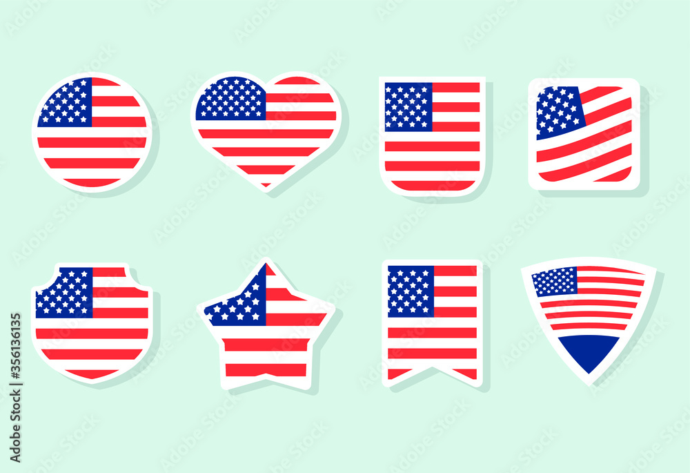 American flag set vector stickers. Different American waving flags illustration. American flag set vector stickers. Different American waving flags illustration.