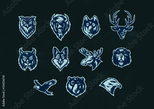 Set of animal icons vector illustration. Stickers of animals . Owl, Deer, wolf , eagle vector illustration