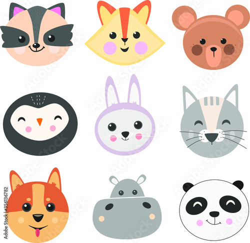 Cute animal set vector illustration. Different animal characters. Fox, owl, bear, rabbit, panda, wolf illustrations