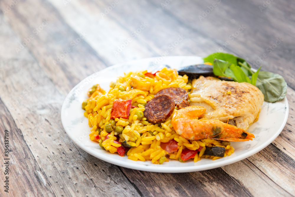 Prawn with rice - closeup of prawn with rice - traditionnal spanish food paella Prawn with rice - closeup of prawn with rice - traditionnal spanish food paella