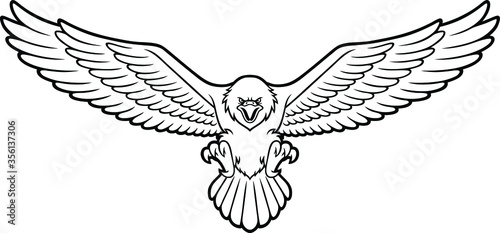 Vector Cartoon Bald Eagle With Spreaded Wings Line Art