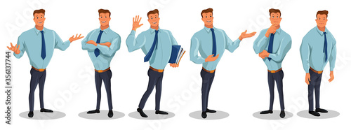 Office worker, businessman character.  Set of cartoon illustrations of man wearing shirt and tie and standing in various poses. Vector isolated on the white background.