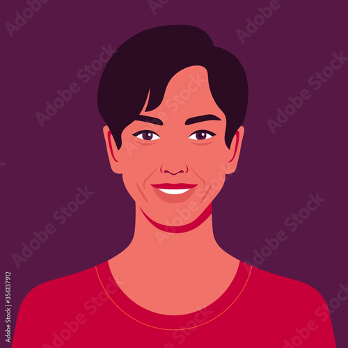Portrait of an Asian man. Avatar of a happy guy. Colorful portrait. Oriental student of the university. Vector flat illustration