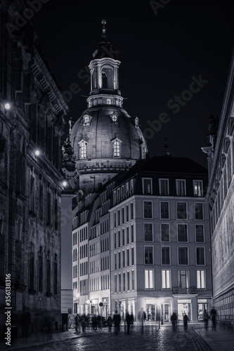 The old town of Dresden with the famous church Frauenkirche during the night.