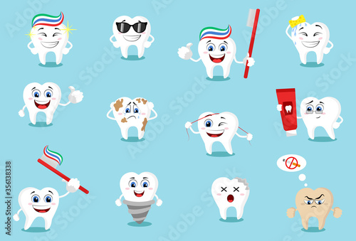 Set of cute cartoon tooth emoticons with different facial expressions. Teeth mega set. Big dental collection for your design. 