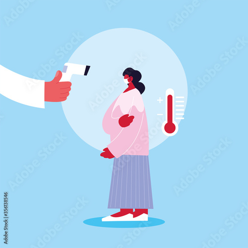 Hand holding thermometer gun checking man temperature vector design