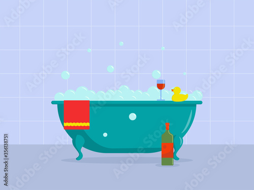 Flat vector illustration: foam bath and wine.