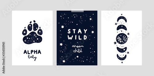 Fototapeta Naklejka Na Ścianę i Meble -  Childish cards or poster with magic moons and stars for girl or boy. Stay wild moon child. Nursery prints with doodle illustration