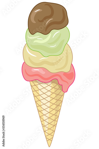 Large ice cream cone of four different flavors strawberry pistachio chocolate cream