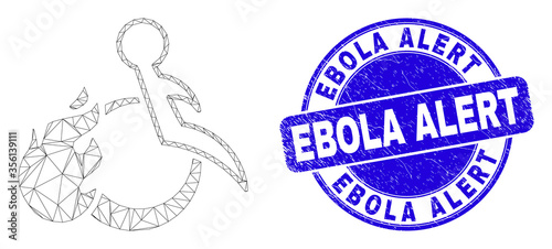 Web carcass fired disabled person pictogram and Ebola Alert seal stamp. Blue vector round scratched stamp with Ebola Alert text.