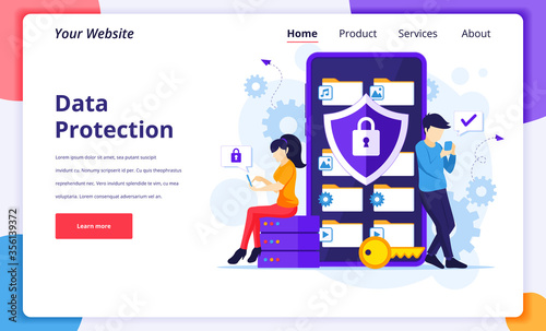 Data protection concept, people protecting data and files on a giant smartphone. Modern flat landing page design for website and mobile website. Vector illustration