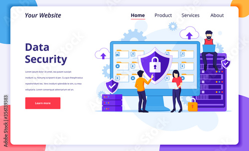 Data Security concept, People work on screen protecting data and files. Modern flat landing page design for website and mobile website. Vector illustration