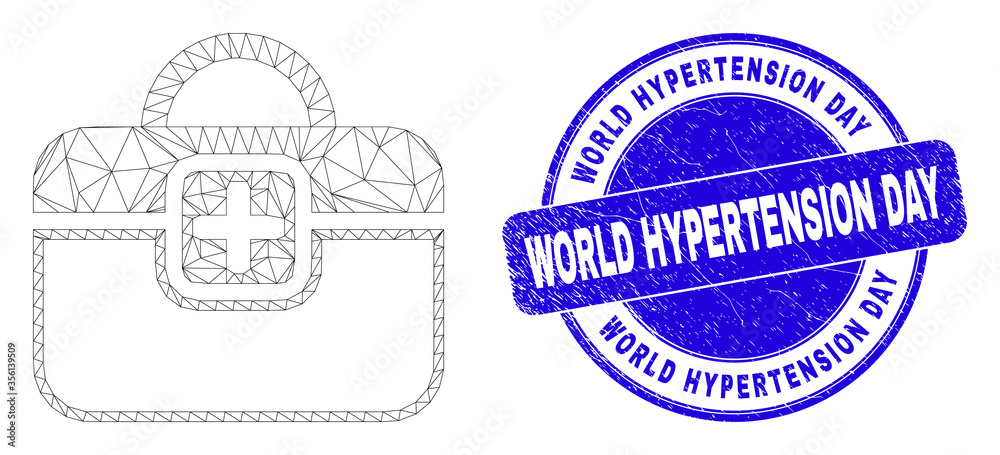 Web mesh first-aid case pictogram and World Hypertension Day seal. Blue vector round scratched seal stamp with World Hypertension Day caption. Web mesh first-aid case pictogram and World Hypertension Day seal. Blue vector round scratched seal stamp with World Hypertension Day caption.