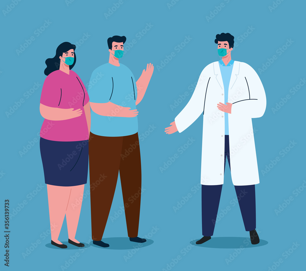 couple and doctor wearing face mask against covid 19, coronavirus disease, health care and safety vector illustration design