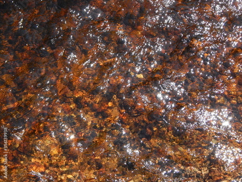 Small stones under dark water, glare on the water