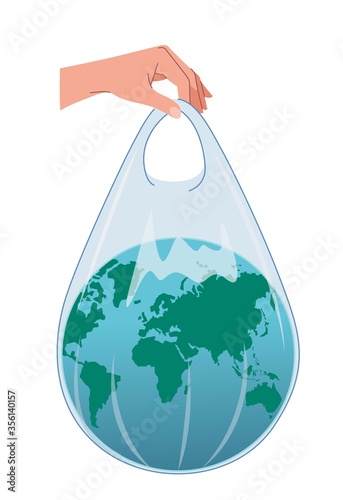 The earth is in a plastic bag that is held up by a human hands