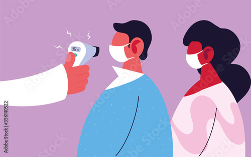 Hand holding thermometer gun checking people temperature vector design