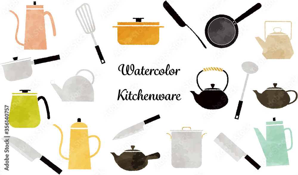 水彩手描き風 かわいい台所用品のイラストセット Stock Vector Adobe Stock