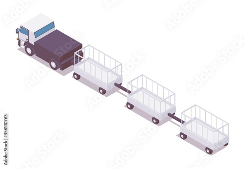 Isometric baggage carrier vehicle with carts rear back view