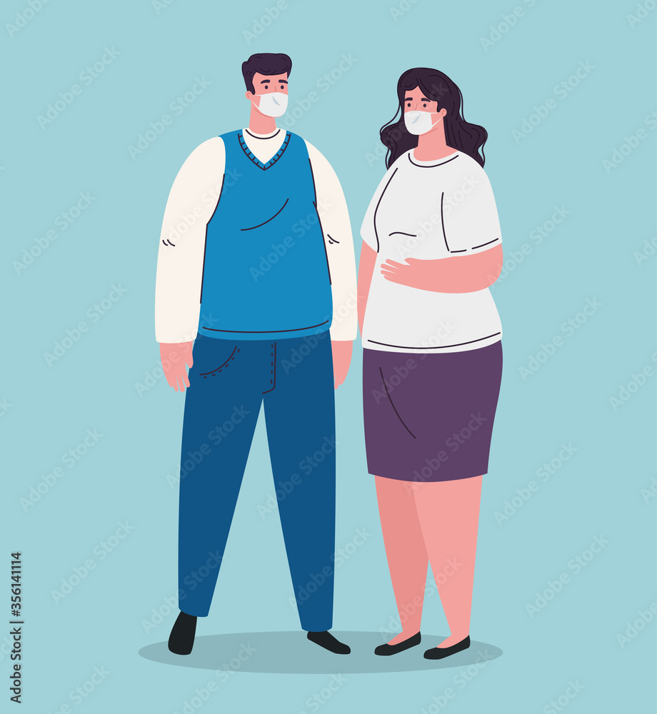 couple wearing medical mask, against coronavirus, prevention covid 19 vector illustration design