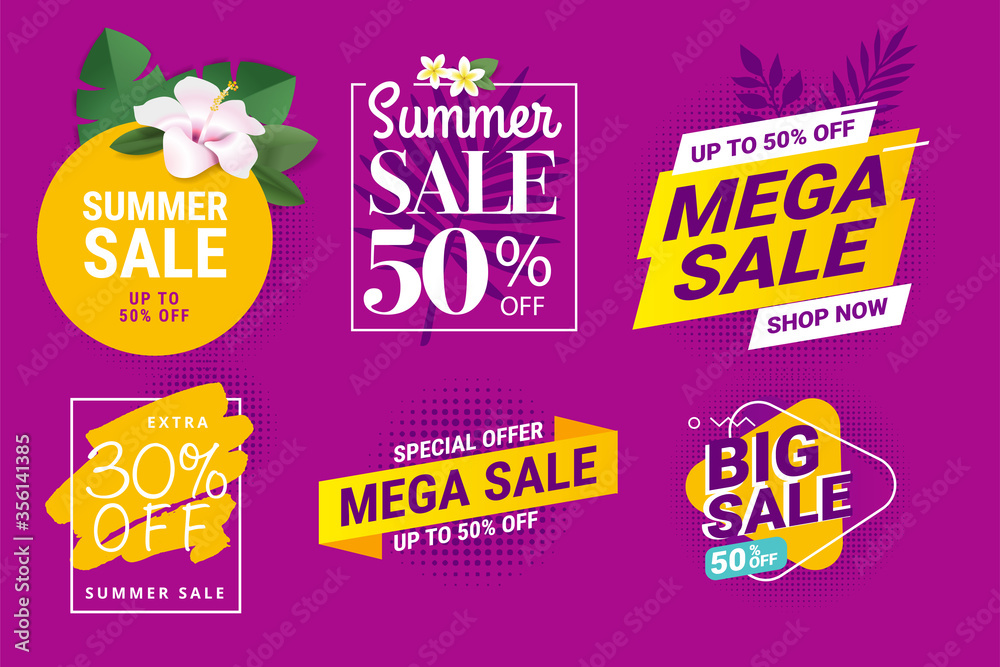 Summer sale. Vector illustrations for social media ads and banners, website badges, marketing material, labels and stickers for products promotions, graphic templates.