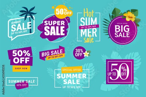 Summer sale. Vector illustrations for social media ads and banners, website badges, marketing material, labels and stickers for products promotions, graphic templates.