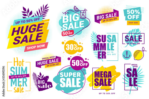 Summer sale. Vector illustrations for social media ads and banners, website badges, marketing material, labels and stickers for products promotions, graphic templates.