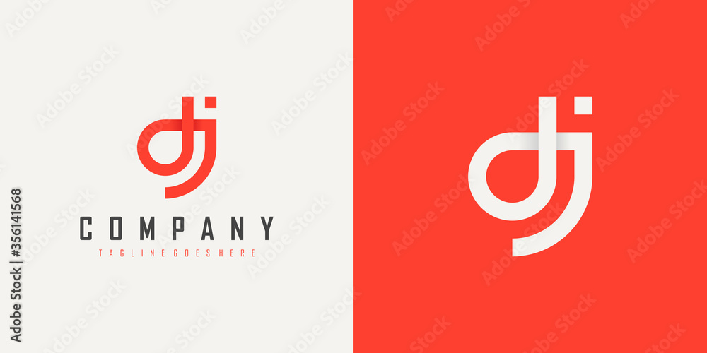 Abstract Initial Letter D and J Linked Logo. Red Linear Style isolated on Double Background. Usable for Business, Technology and Branding Logos. Flat Vector Logo Design Template Element. - obrazy, fototapety, plakaty 
