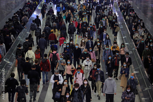 Photography masked metro crowd in hong kong