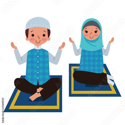 A muslim boy and girl praying together on a prayer rug