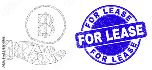Web carcass hand offer bitcoin pictogram and For Lease watermark. Blue vector round grunge watermark with For Lease title.