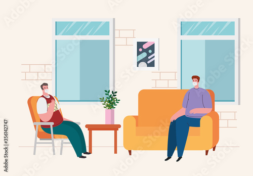 stay home, quarantine or self isolation, men sitting in couch in the living room vector illustration design © Gstudio