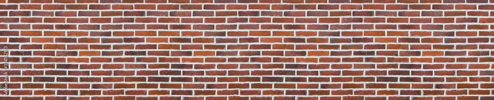 Fototapeta premium Red brick wall background, wide old brick wall banner, brickwork panorama
