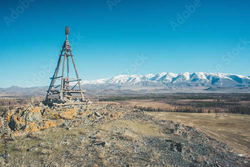 Snow-capped mountains. Mountain Altai. Kurai steppe