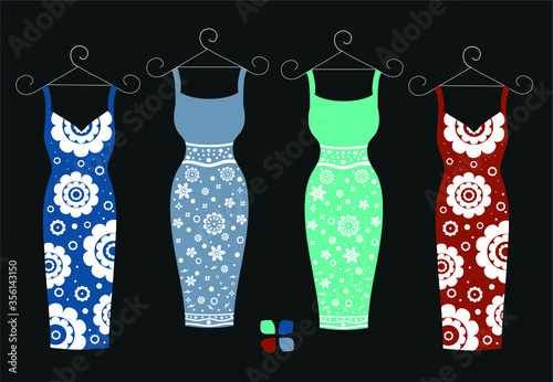 Stylish dresses for women. Trendy colors of the year spring / summer 2020. Clothing for the summer season. Template for design and modeling of clothes. Floral abstract print. Wardrobe.
