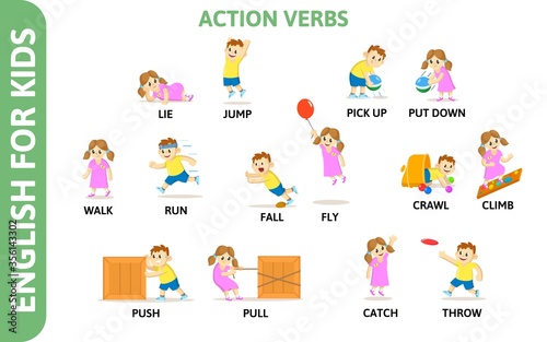 English for kids playcard. Action verbs with playing characters. Word card for english language learning. Colorful flat vector illustration. photo