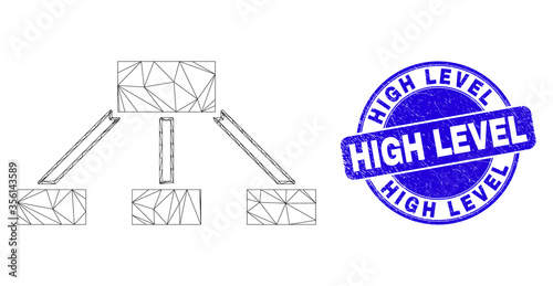 Web mesh hierarchy links icon and High Level seal stamp. Blue vector rounded grunge seal stamp with High Level message. Abstract carcass mesh polygonal model created from hierarchy links icon.