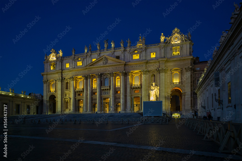 The Saint Peter cathedral of Vatican at night. The cathedral is one of the most famous travel distinations of the world and the largest catholic church