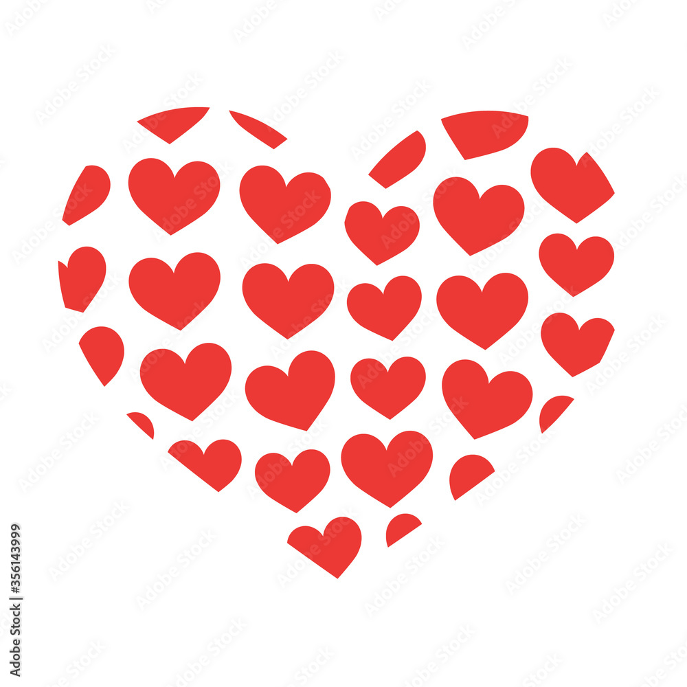 Small red hearts in the shape of one large heart. Romance, valentine's day, marriage, health. Vector illustration on transparent background. 