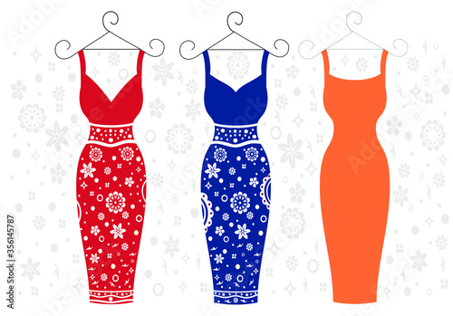 Set of a stylish dress for women. Trendy colors of the year. Clothing for the summer season. Template for designing and modeling clothes. Floral abstract print. Wardrobe.
