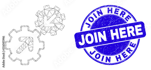 Web carcass integration gears pictogram and Join Here stamp. Blue vector round scratched seal stamp with Join Here phrase.
