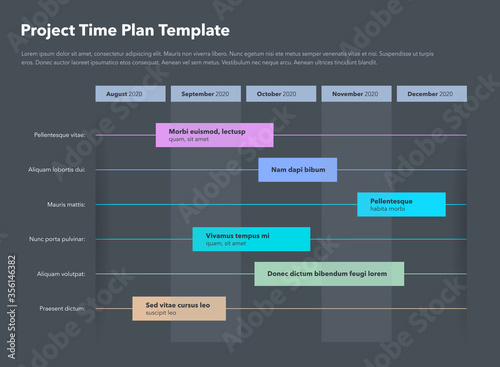 Simple business project time plan template with project tasks in time intervals - dark version. Easy to use for your website or presentation.