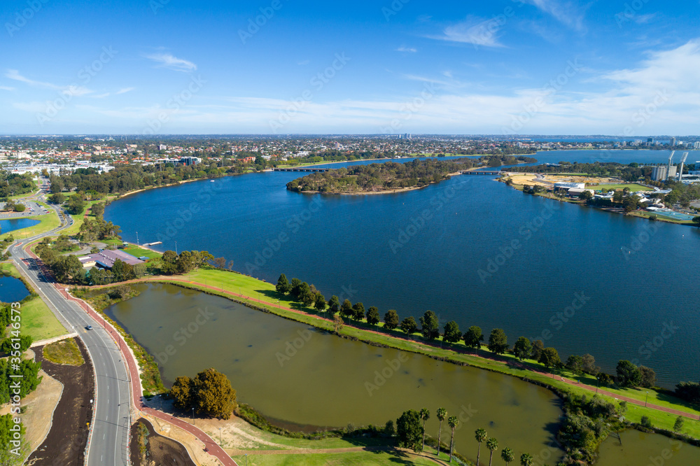 Aerial view of Herrison Island and Swan River, Perth, WA, Australia