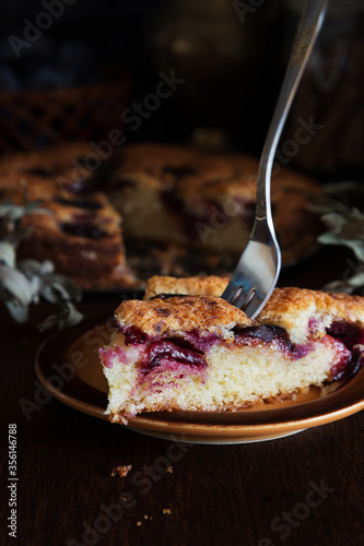 Принти на полотні Dark macro photography of plum cake with cinnamon