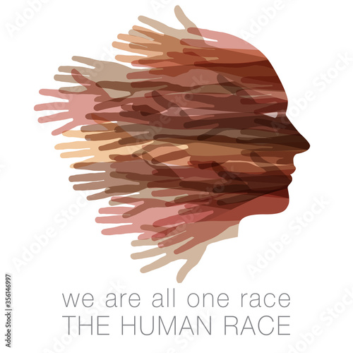 We are all one race.  The Human race.  A face made with hands.  Isolated on white with of room for your message.  