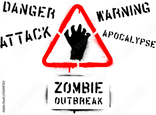 Zombie hand sign and quotes: ''Danger'', ''Attack'', ''Warning'', ''Apocalypse''. Spray paint graffiti stencil.